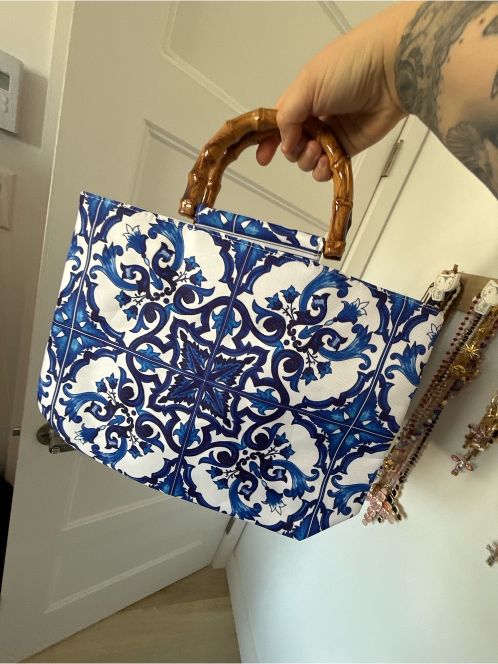 Blue Tile-Pattern Tote with Bamboo-Style Handles